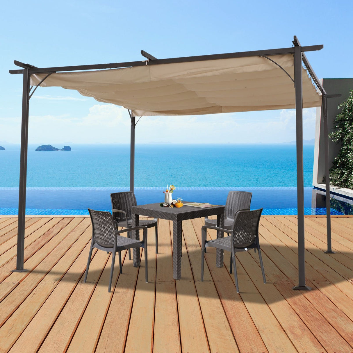 easycomfort easycomfort gazebo pergola da giardino parasole retraibile cornice nera tendale beige 350 x 350 x 230cm