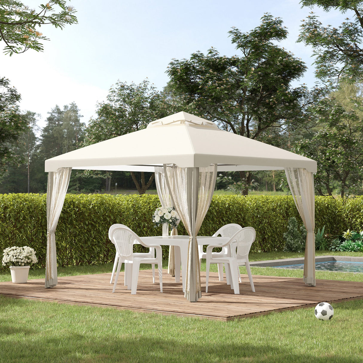 easycomfort easycomfort gazebo da giardino con paletti e corde doppio tetto zanzariera pareti laterali beige 294 x 294 x 263 cm