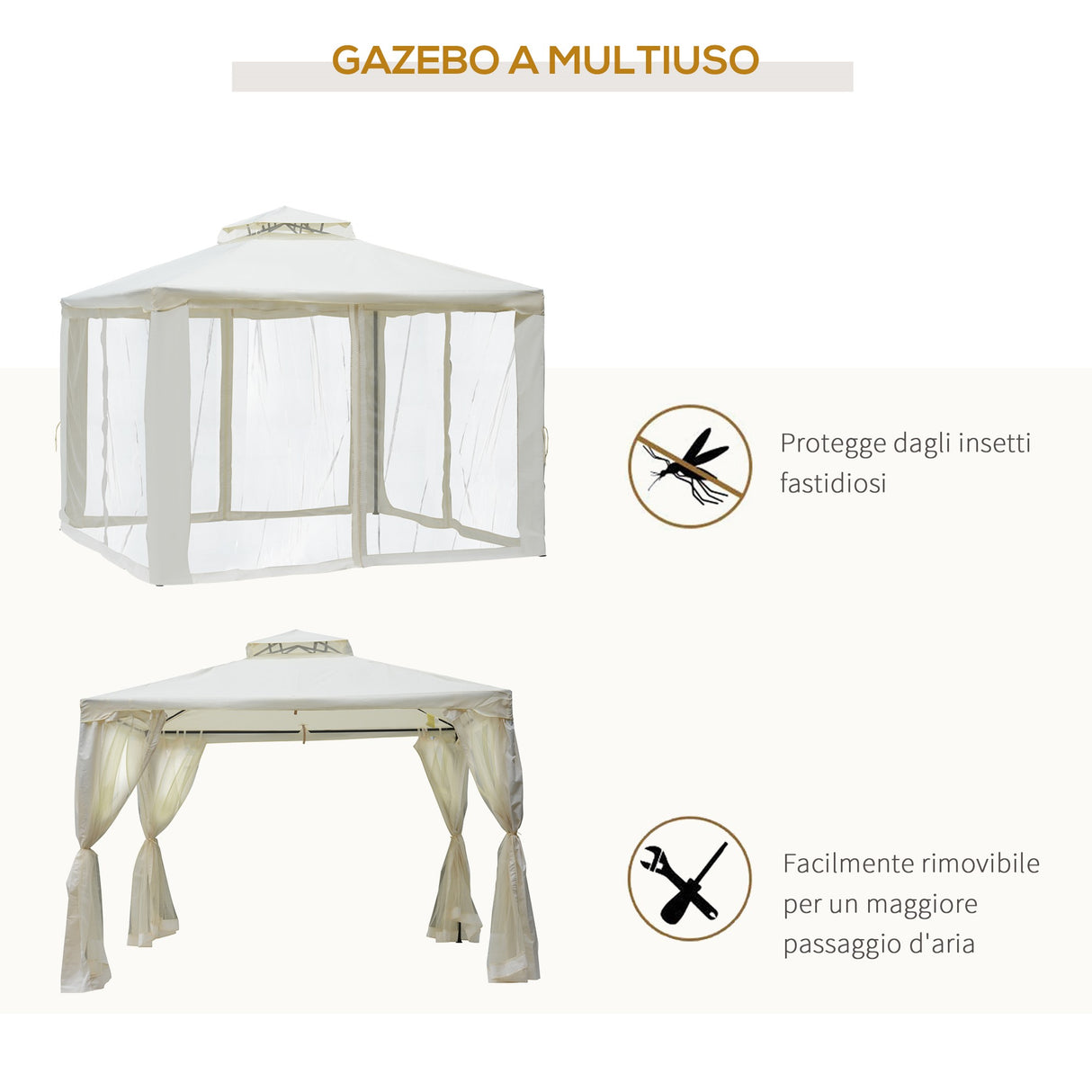 easycomfort easycomfort gazebo da giardino con paletti e corde doppio tetto zanzariera pareti laterali beige 294 x 294 x 263 cm