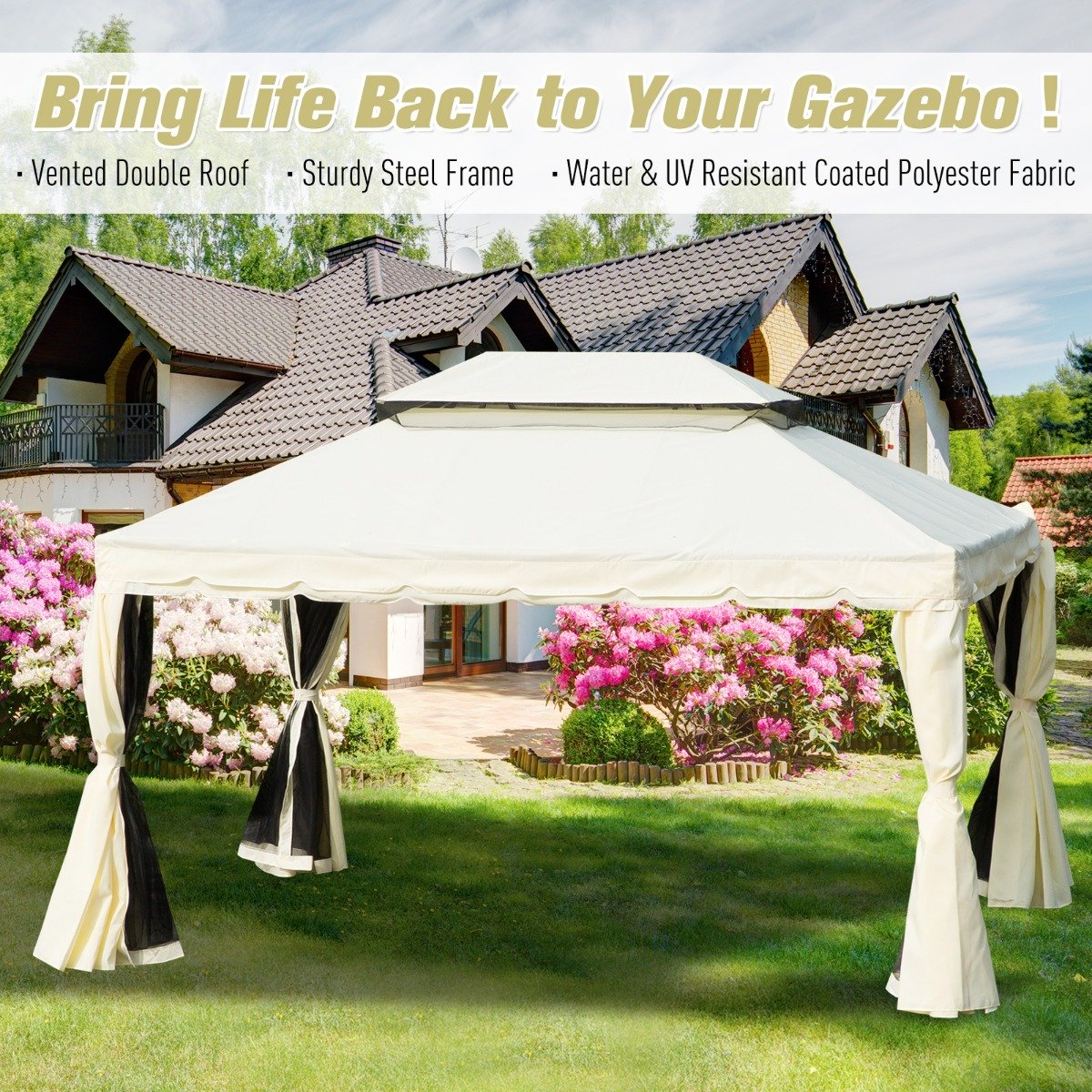 easycomfort easycomfort gazebo con doppio tetto zanzariere tende bianco crema 3x4m