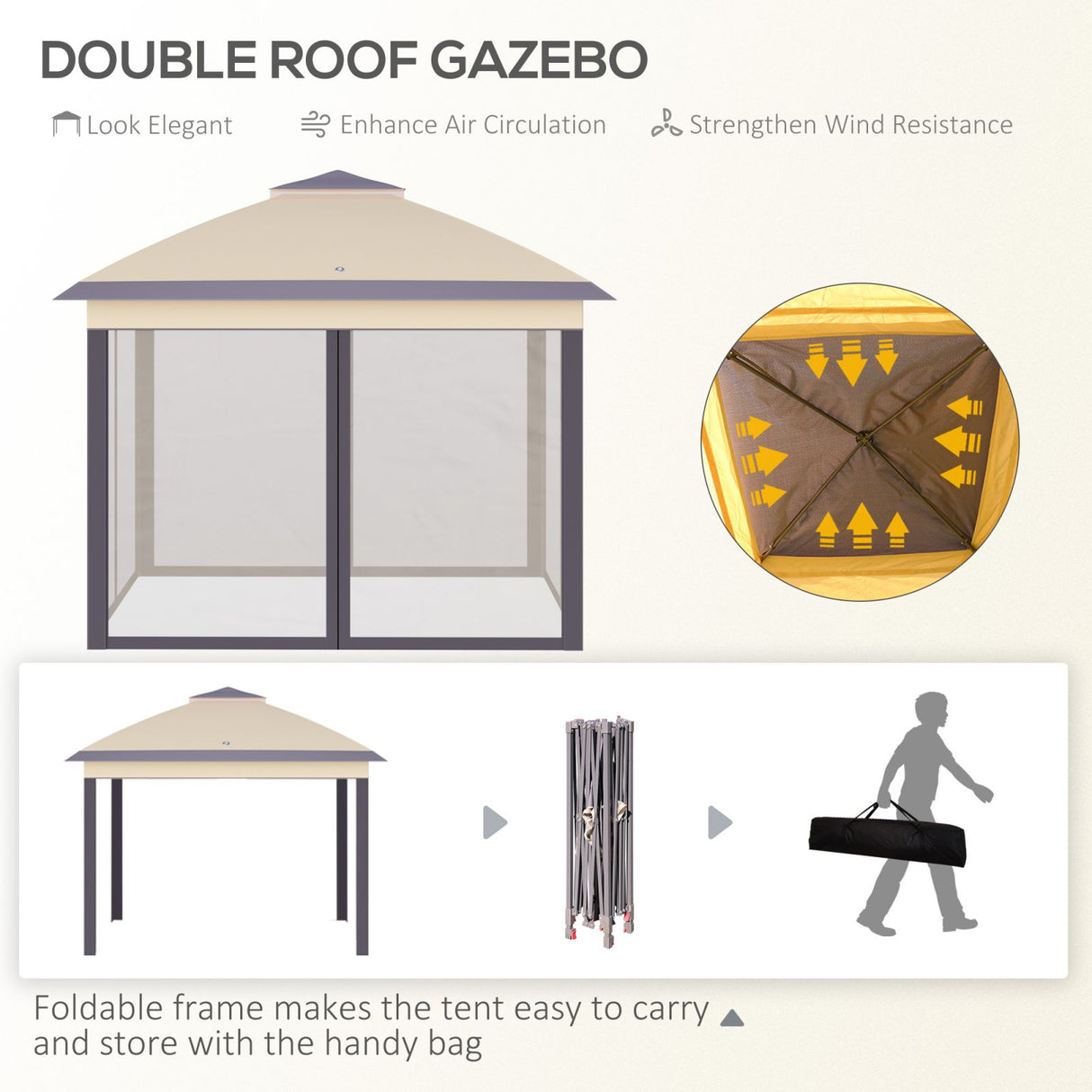 easycomfort gazebo da giardino pieghevole con zanzariera e altezza regolabile 330x330x288cm beige