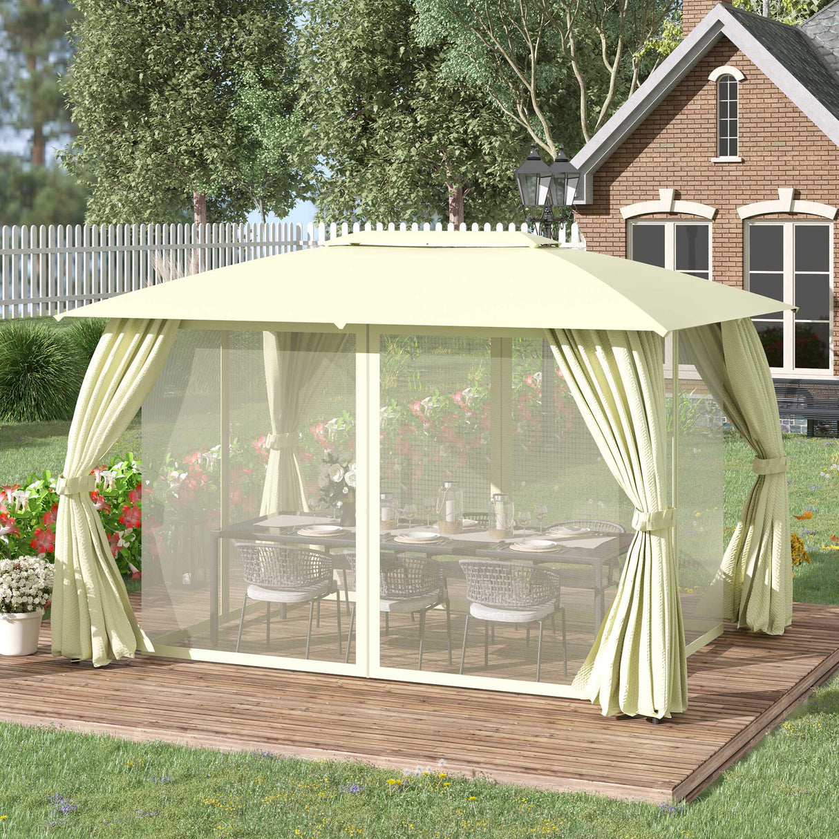 easycomfort gazebo da giardino 4x3m con doppio tettuccio pareti in poliestere e struttura in acciaio beige