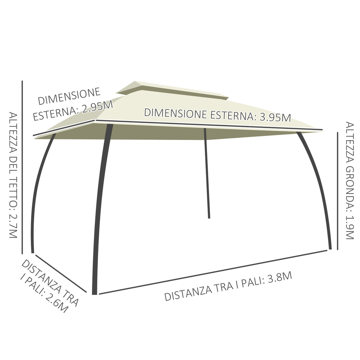 easycomfort gazebo da giardino 4x3m con doppio tettuccio pareti in poliestere e struttura in acciaio beige