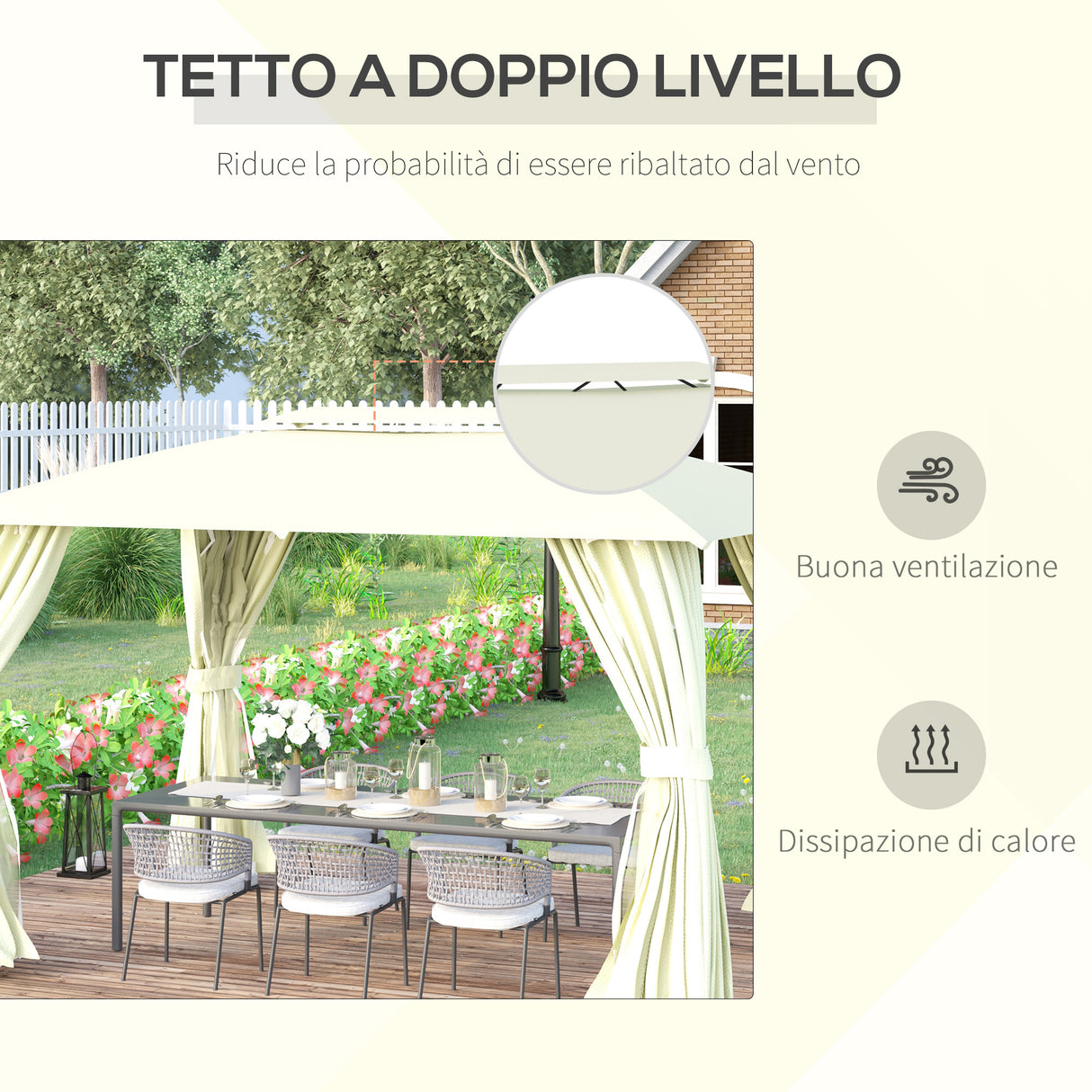 easycomfort gazebo da giardino 4x3m con doppio tettuccio pareti in poliestere e struttura in acciaio beige