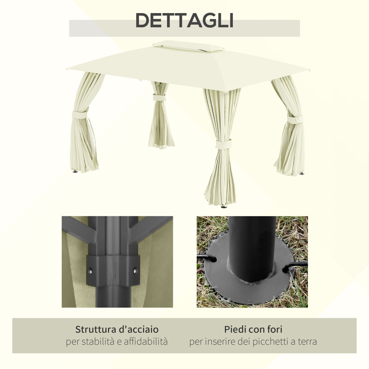 easycomfort gazebo da giardino 4x3m con doppio tettuccio pareti in poliestere e struttura in acciaio beige