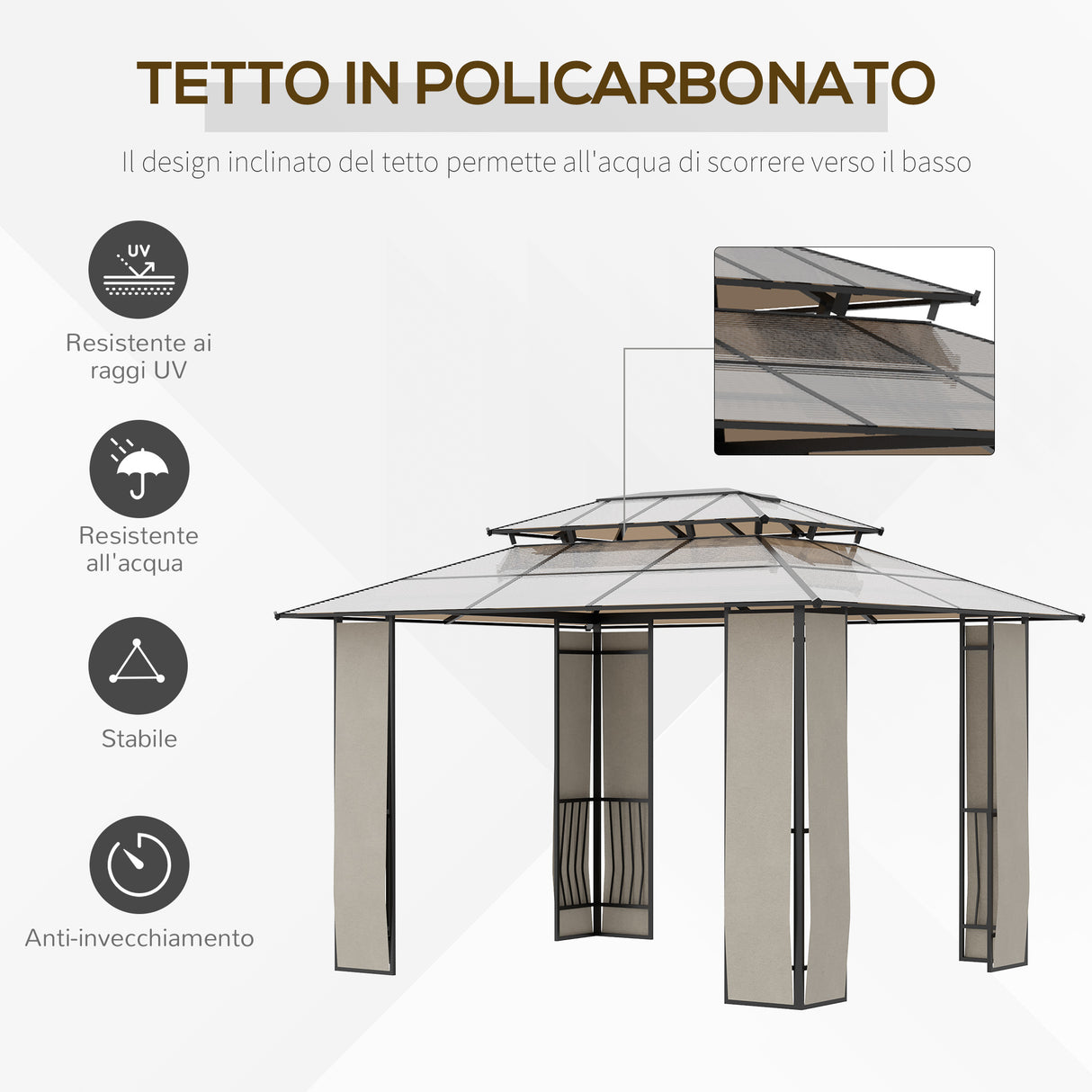 easycomfort gazebo da giardino 3.7x3m con tetto in policarbonato a 2 livelli acciaio e alluminio marrone