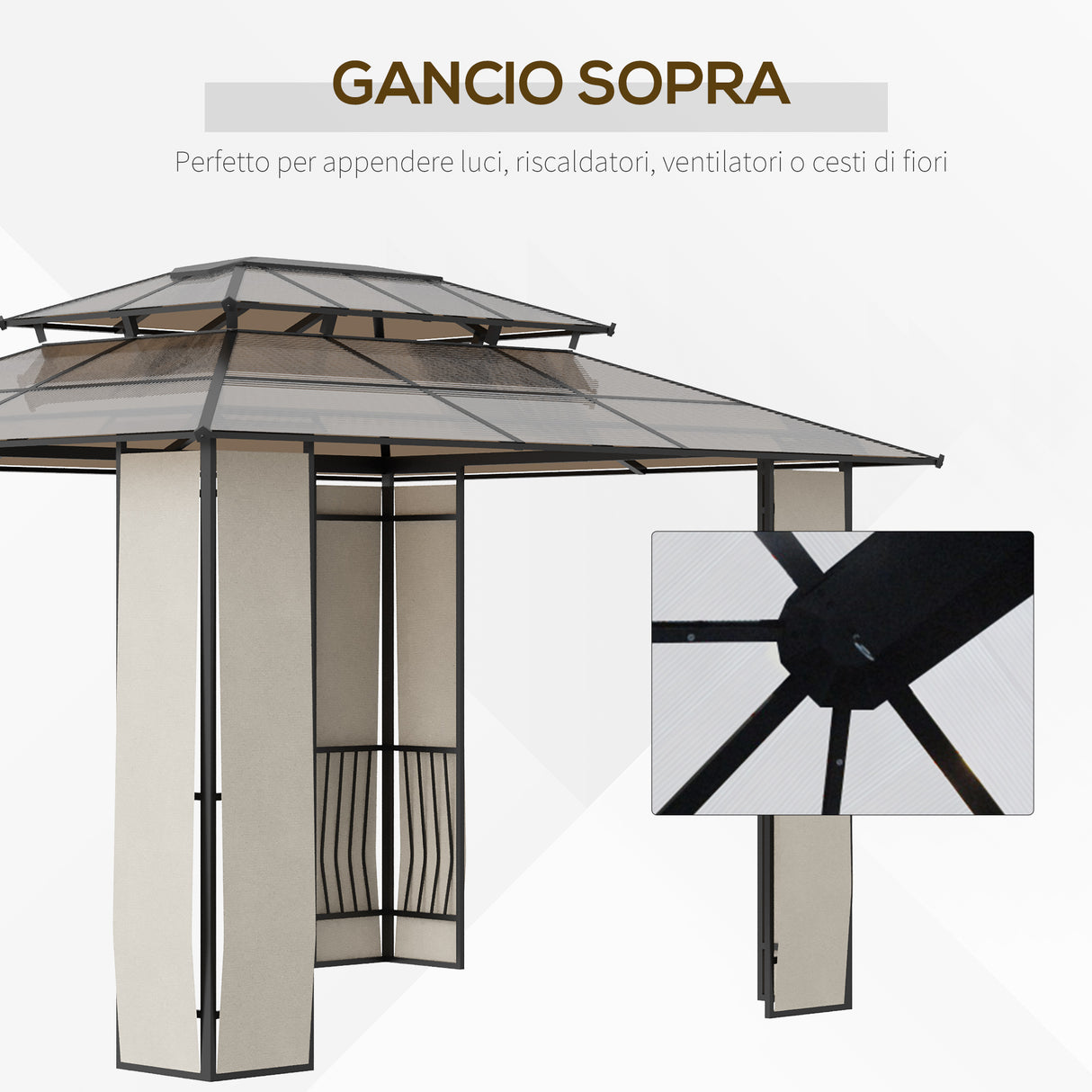 easycomfort gazebo da giardino 3.7x3m con tetto in policarbonato a 2 livelli acciaio e alluminio marrone