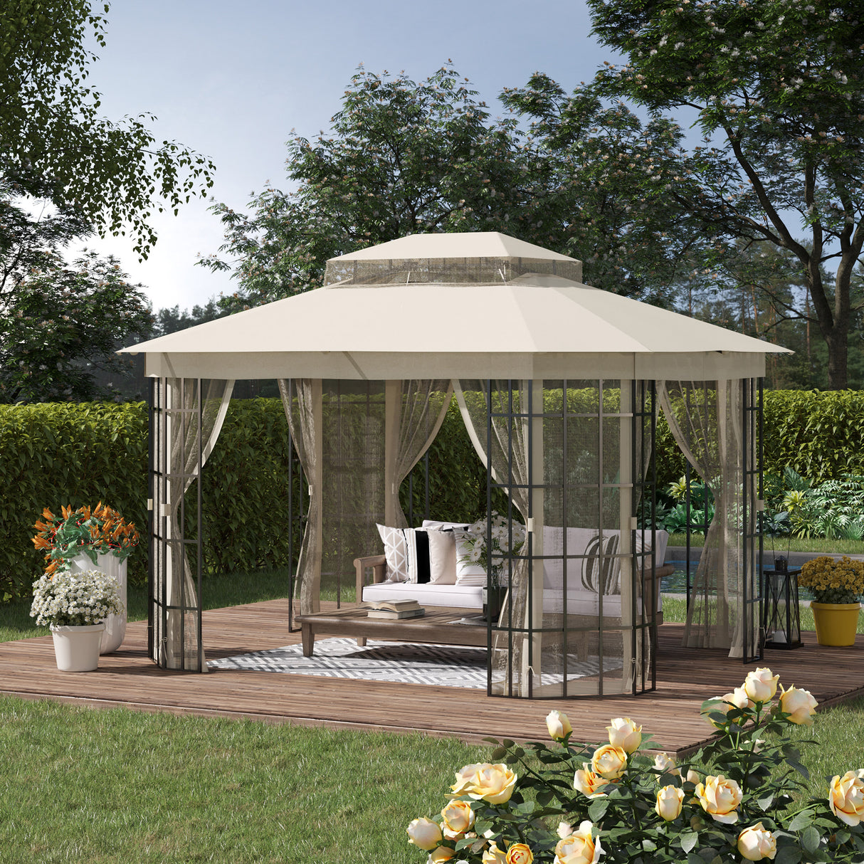 easycomfort gazebo da giardino con zanzariera tetto a 2 livelli e struttura in metallo 3.7x3m beige