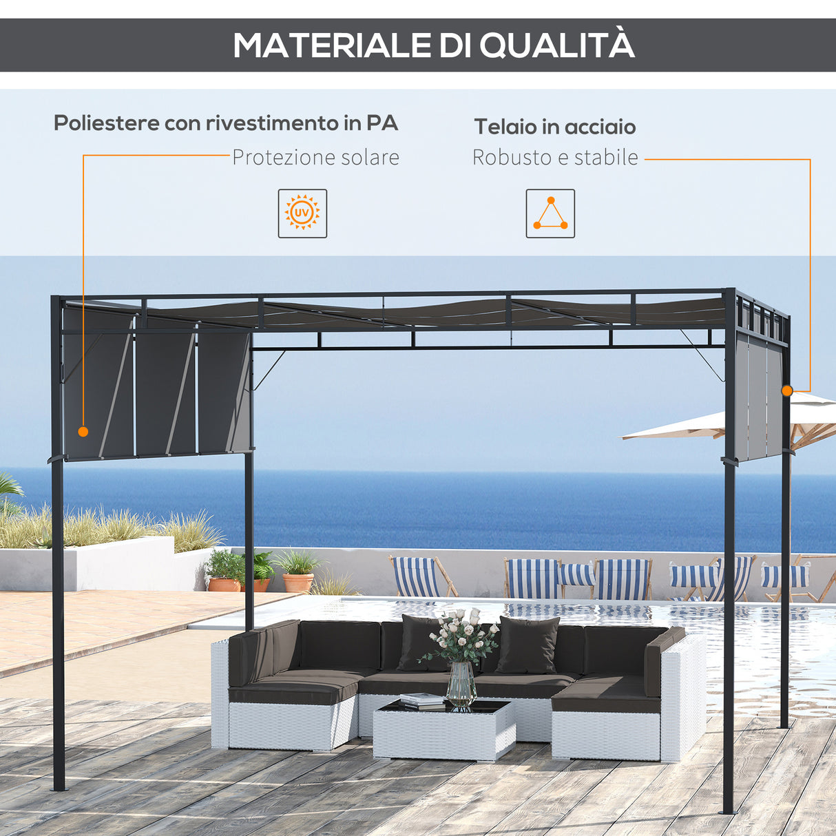 easycomfort gazebo a pergola 3x3m in acciaio con tettuccio scorrevole e 8 picchetti inclusi