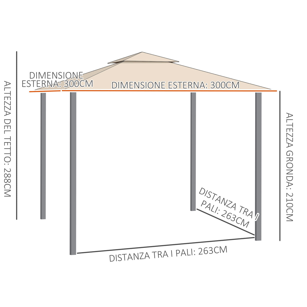easycomfort gazebo da giardino 3x3 m con tenda parasole laterale altezza 288 cm cachi