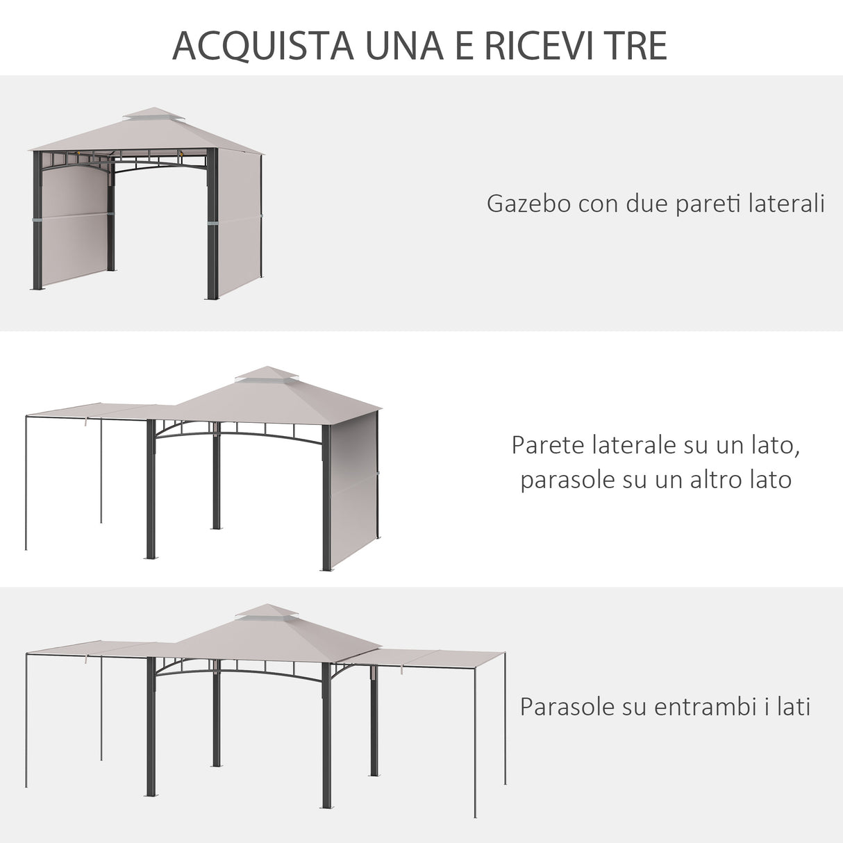 easycomfort gazebo da giardino 3x3 m con tenda parasole laterale altezza 288 cm cachi