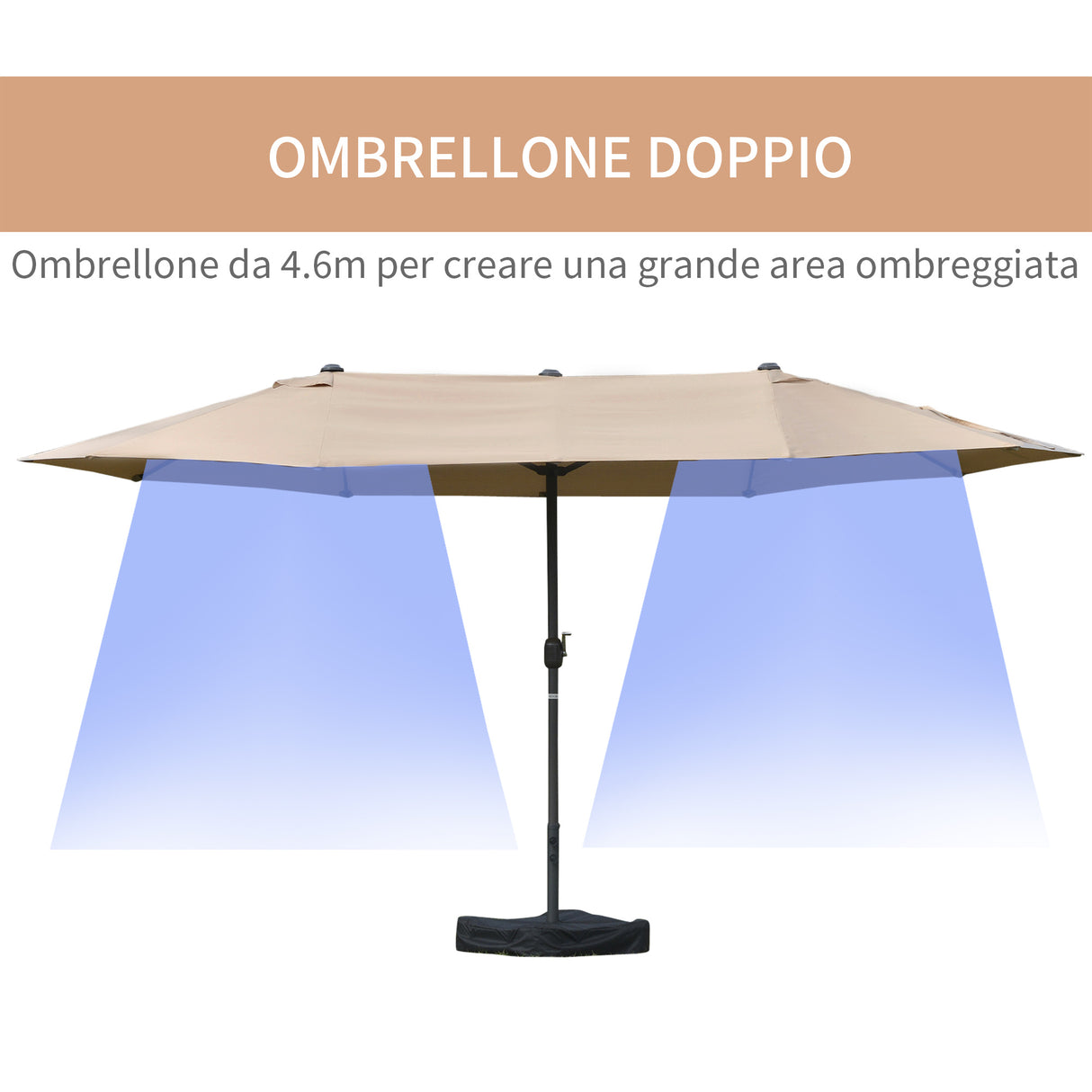 easycomfort ombrellone da giardino doppio 460x270cm apertura a manovella base a croce e zavorra acciaio e poliestere khaki