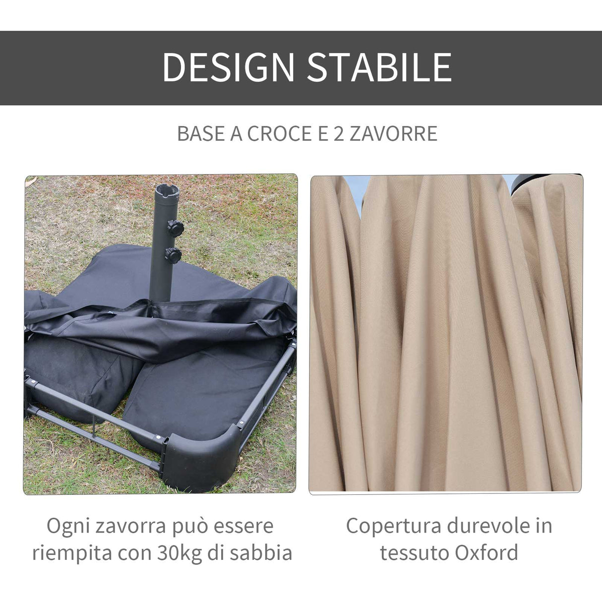 easycomfort ombrellone da giardino doppio 460x270cm apertura a manovella base a croce e zavorra acciaio e poliestere khaki