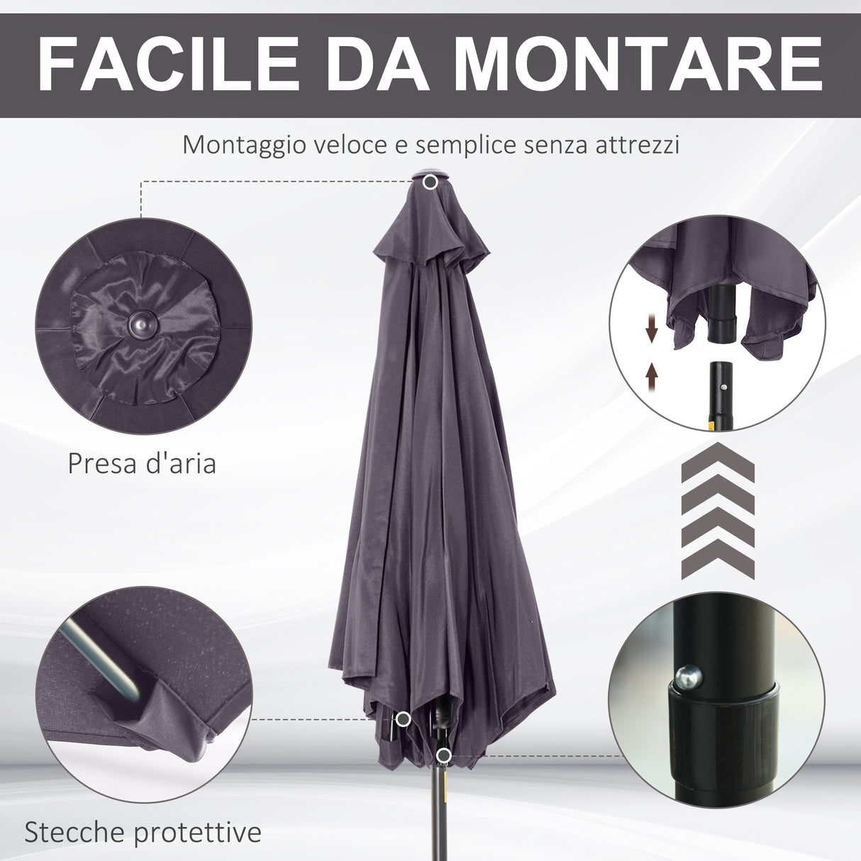 easycomfort ombrellone da giardino 2.7x2.4 m inclinabile con manovella in alluminio e poliestere grigio e nero
