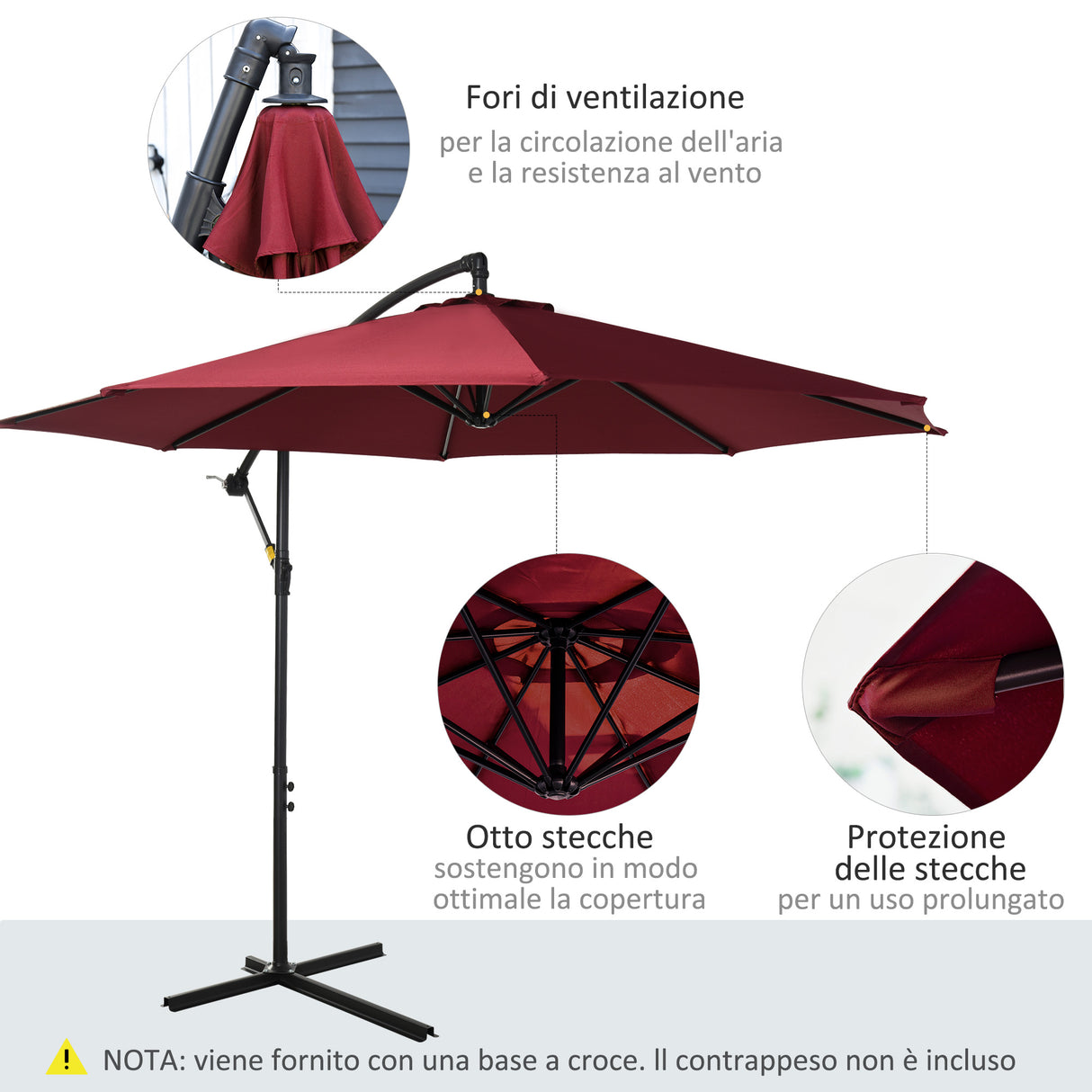 easycomfort easycomfort ombrellone da esterni 3x2 5 m decentrato rosso scuro in poliestere anti uv e acciaio con manovella