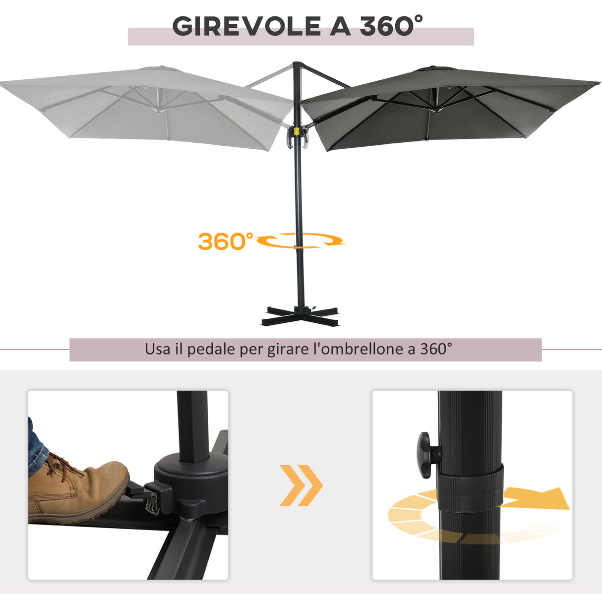 easycomfort ombrellone da giardino con angolazione regolabile su 3 livelli e rotazione a 360 2.5x2.5 m grigio