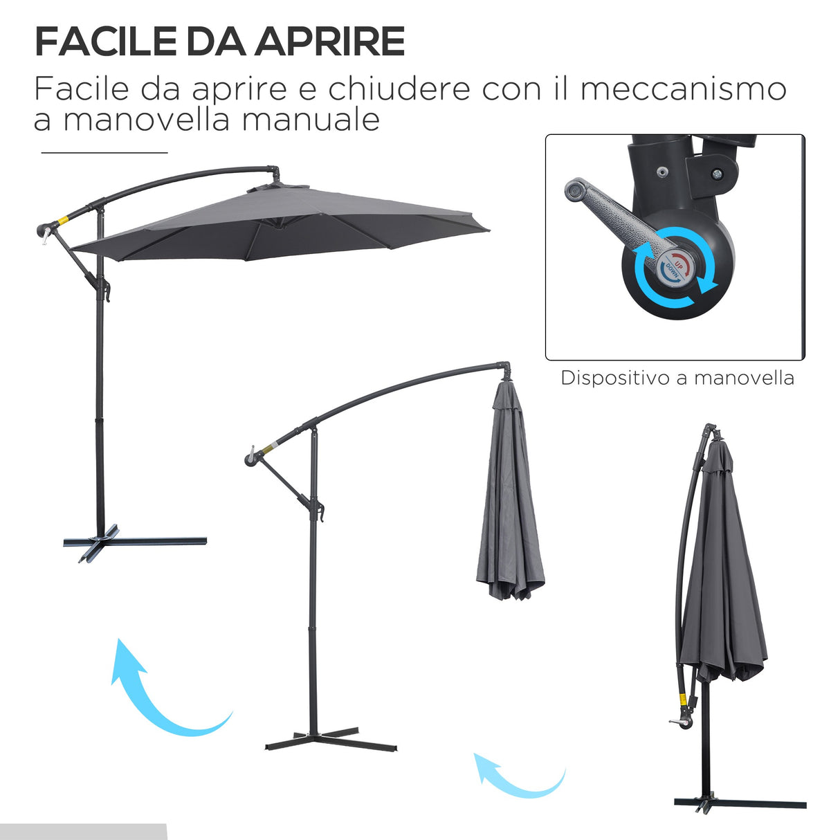 easycomfort easycomfort ombrellone da giardino a braccio deluxe inclinabile con manovella 3m grigio