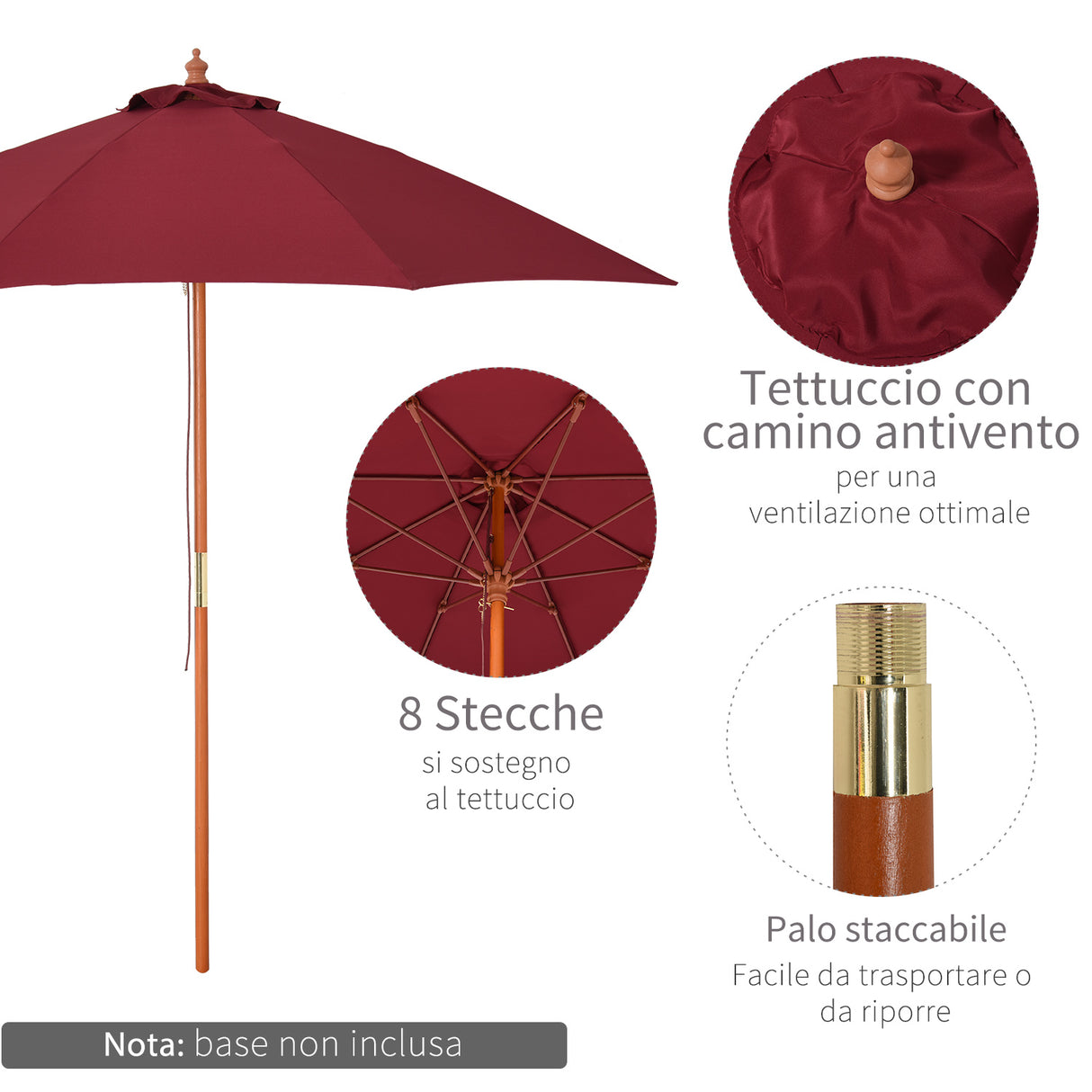 easycomfort easycomfort ombrellone da giardino con tettuccio antivento in poliestere rosso e palo in legno 257x253cm
