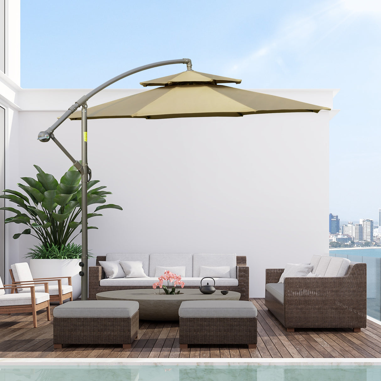 easycomfort ombrellone a braccio da esterni 2.7x2.7 cm con tettuccio regolabile a 2 livelli e base a croce marrone