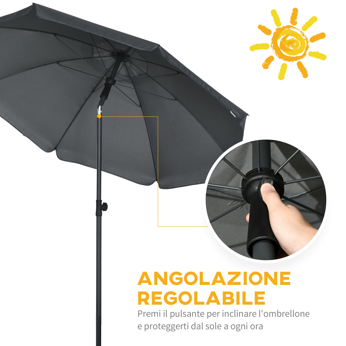 easycomfort ombrellone da spiaggia 1.8x2 m in poliestere e acciaio a 8 stecche con reclinazione a 45 grigio