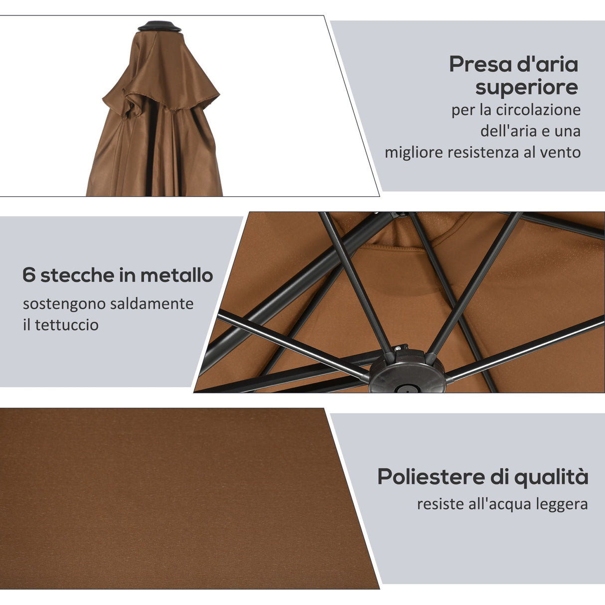 easycomfort ombrellone da giardino 3x2.5 m in metallo e poliestere a 6 stecche con base a croce marrone