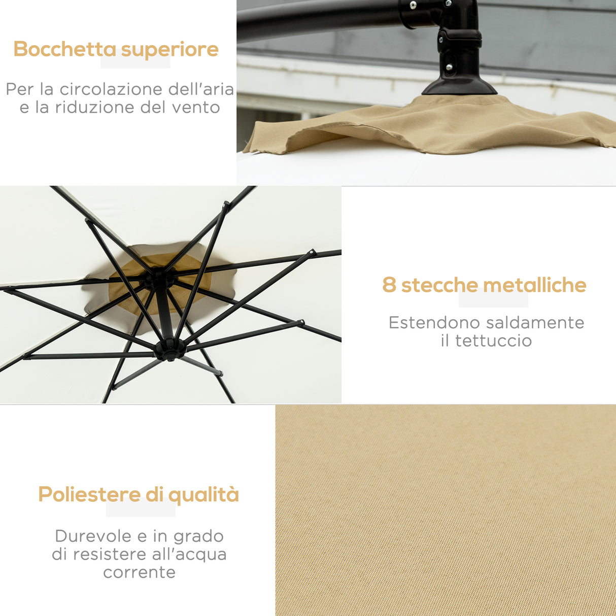 easycomfort ombrellone 3x2 m da giardino in acciaio e poliestere con base a croce e presa d aria marrone e crema