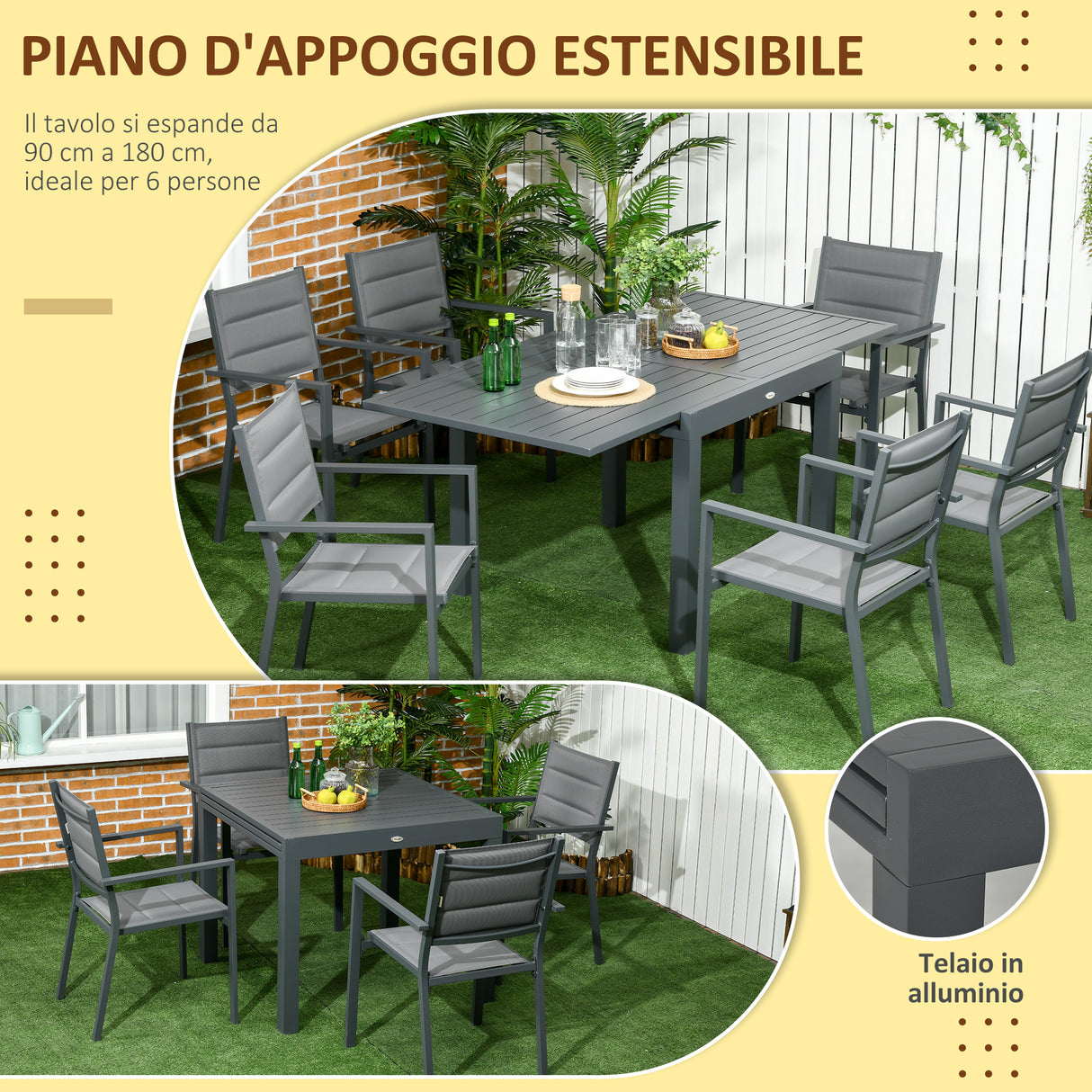 easycomfort easycomfort set da giardino 7 pezzi con tavolo allungabile e 6 sedie da giardino con seduta traspirante