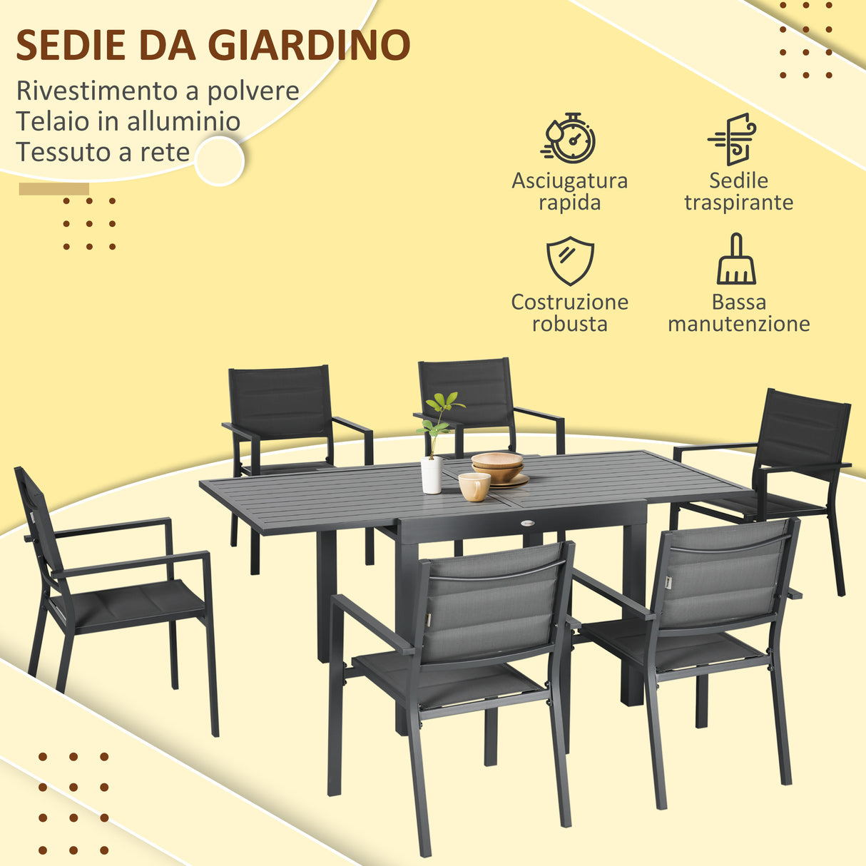 easycomfort easycomfort set da giardino 7 pezzi con tavolo allungabile e 6 sedie da giardino con seduta traspirante