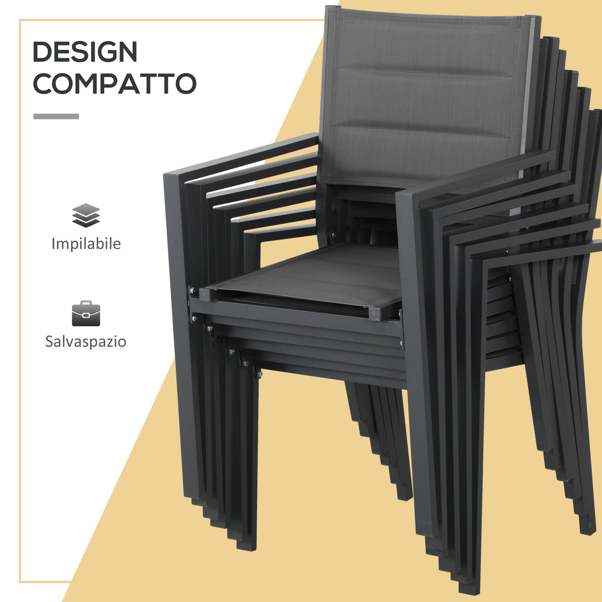 easycomfort easycomfort set da giardino con tavolo allungabile in vetro e 6 sedie con seduta traspirante grigio scuro
