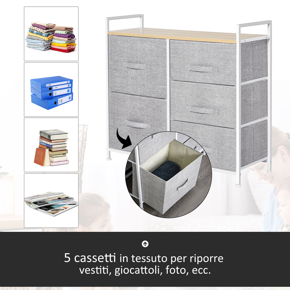 easycomfort easycomfort cassettiera in metallo bianco e legno con 5 cassetti pieghevoli e rimovibili in tessuto grigio 83lx 29p x 77acm ean 8054144134062