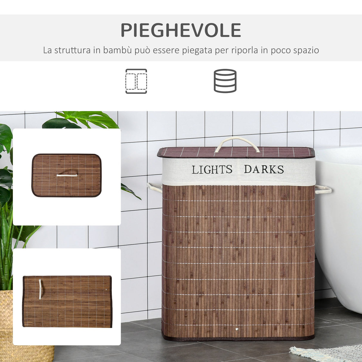 easycomfort easycomfort cesto per biancheria bambu da 100l con 2 scomparti coperchio e maniglie 52x32x63cm marrone