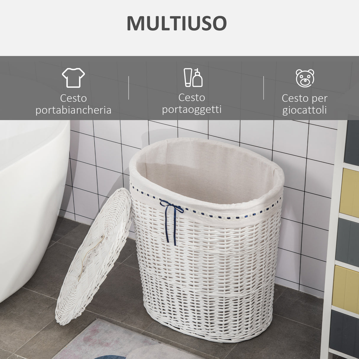 easycomfort easycomfort cesto portabiancheria in vimini con coperchio e sacco interno in tessuto lavabile bianco