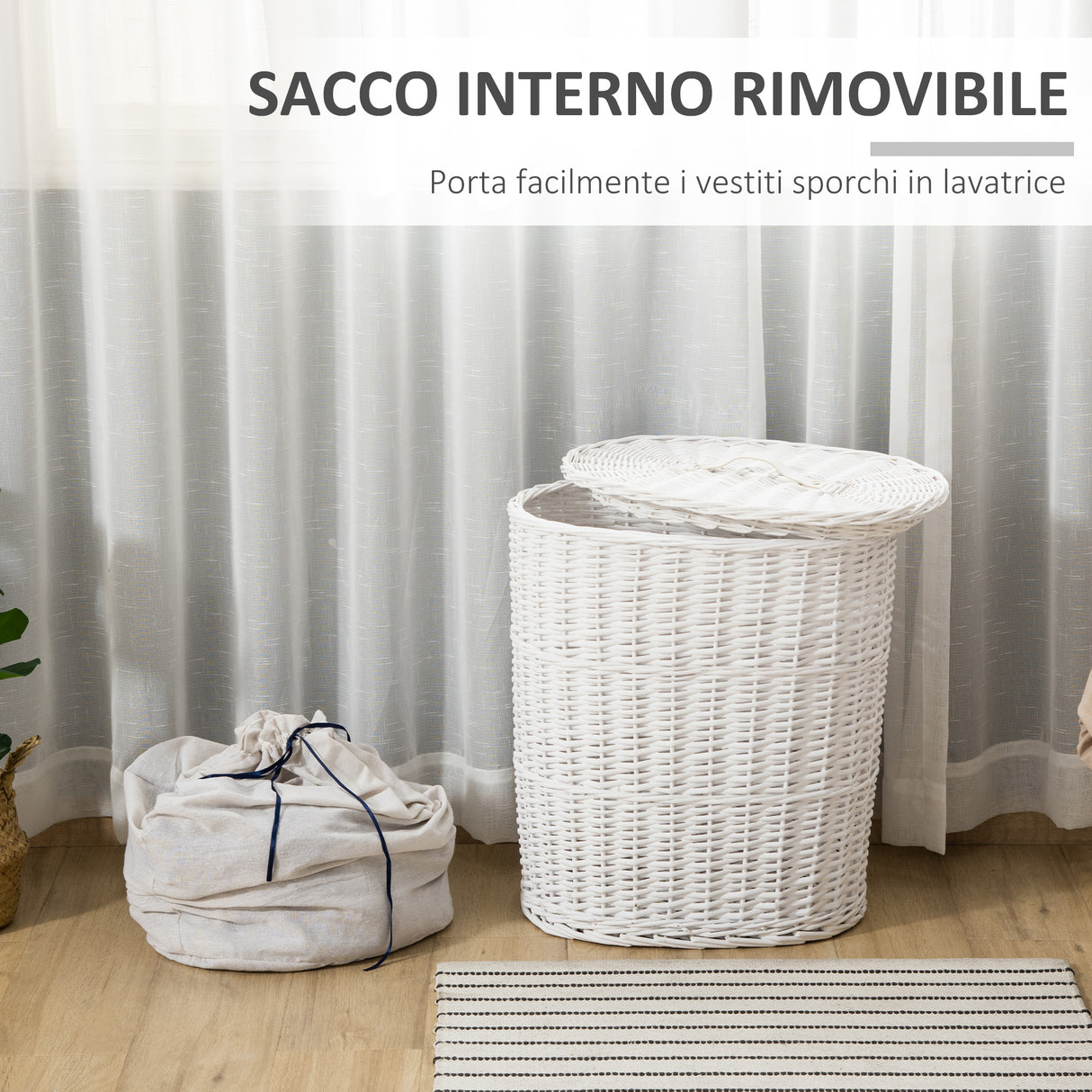 easycomfort easycomfort cesto portabiancheria in vimini con coperchio e sacco interno in tessuto lavabile bianco