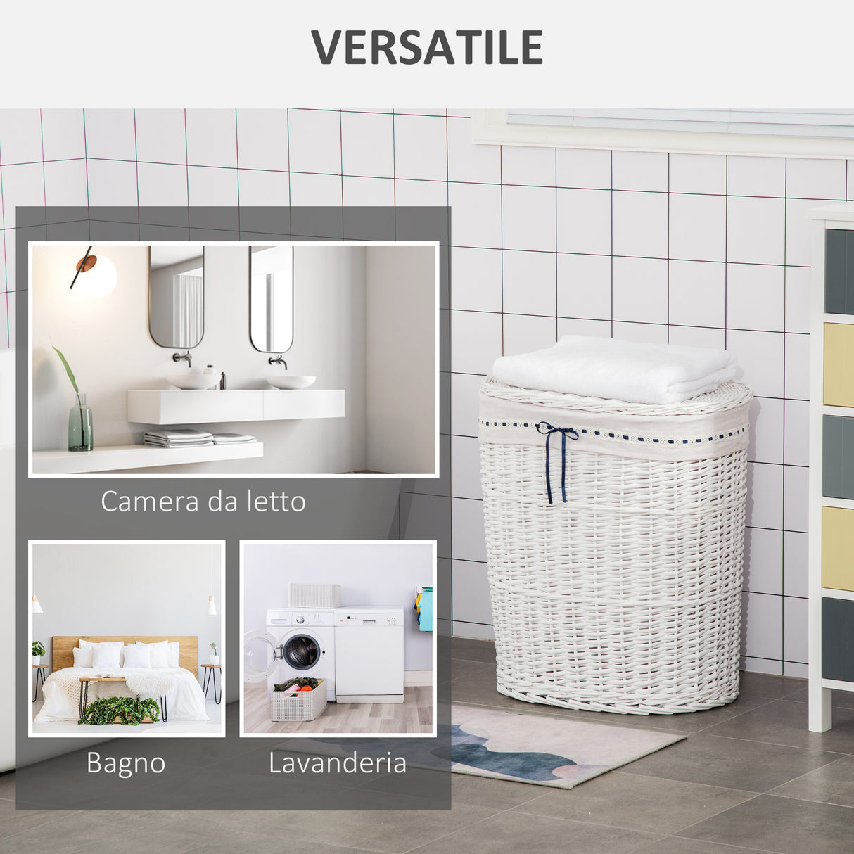 easycomfort easycomfort cesto portabiancheria in vimini con coperchio e sacco interno in tessuto lavabile bianco