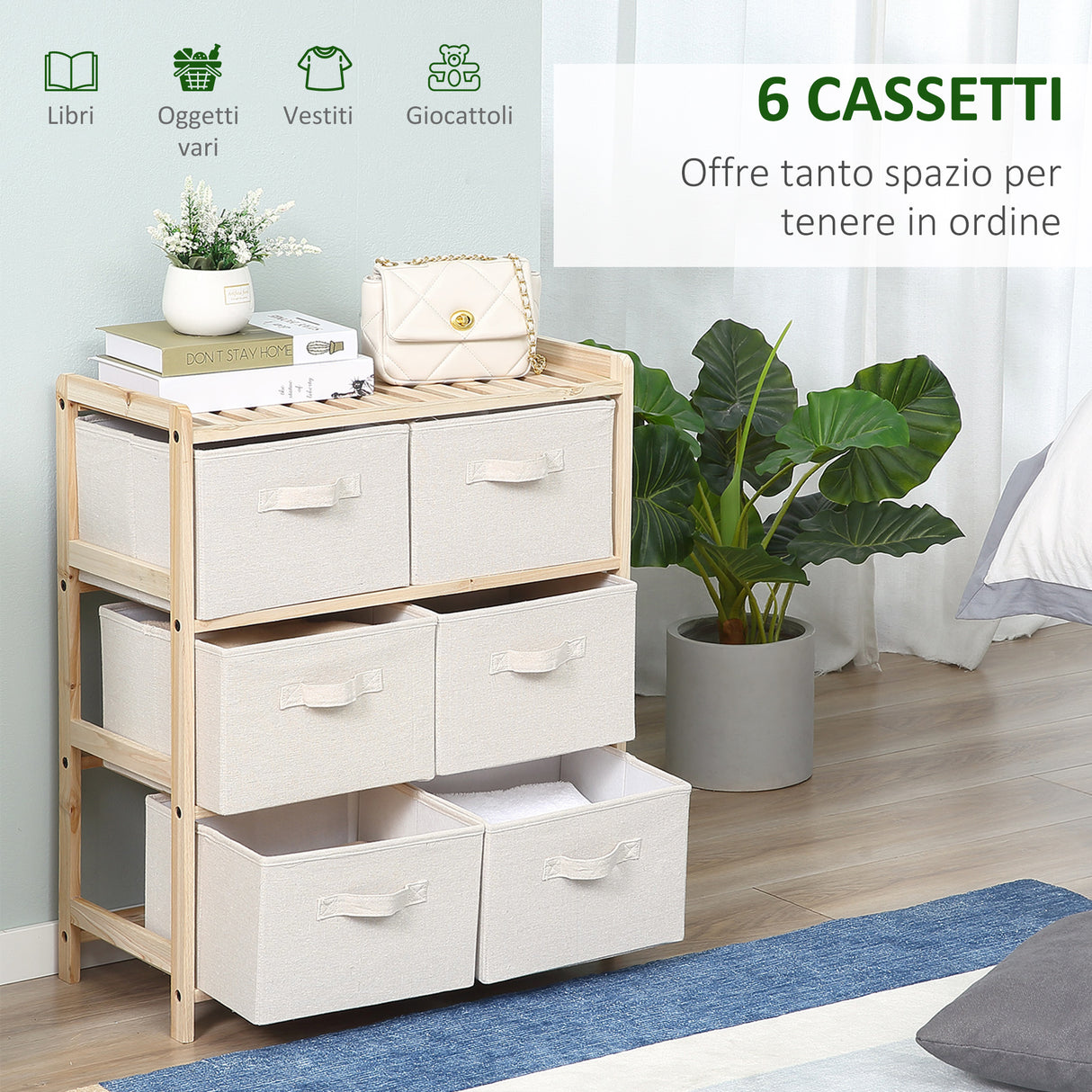 easycomfort easycomfort cassettiera con 6 cassetti in tessuto pieghevoli ed estraibili 59x28x70cm legnobeige