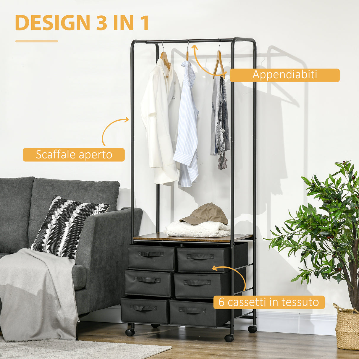 easycomfort easycomfort appendiabiti da terra con mobile da 6 cassetti in tessuto e ripiano aperto 63 5x40x172 5 cm nero e marrone