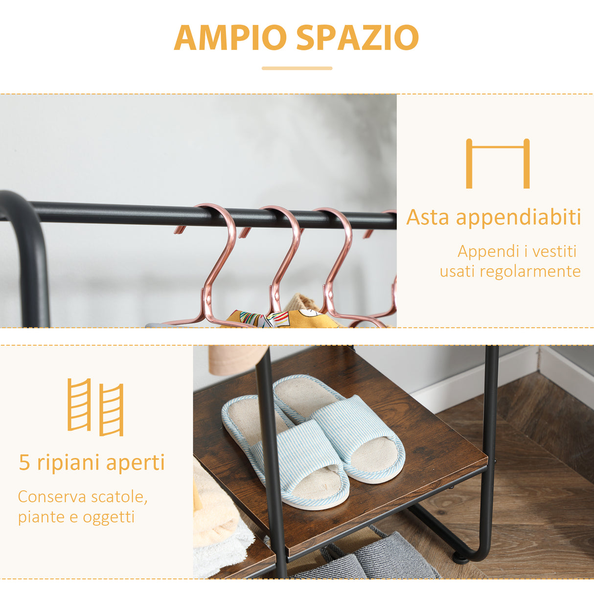 easycomfort easycomfort appendiabiti da terra stile industriale con barra e 5 ripiani in legno e acciaio 101x39x160cm