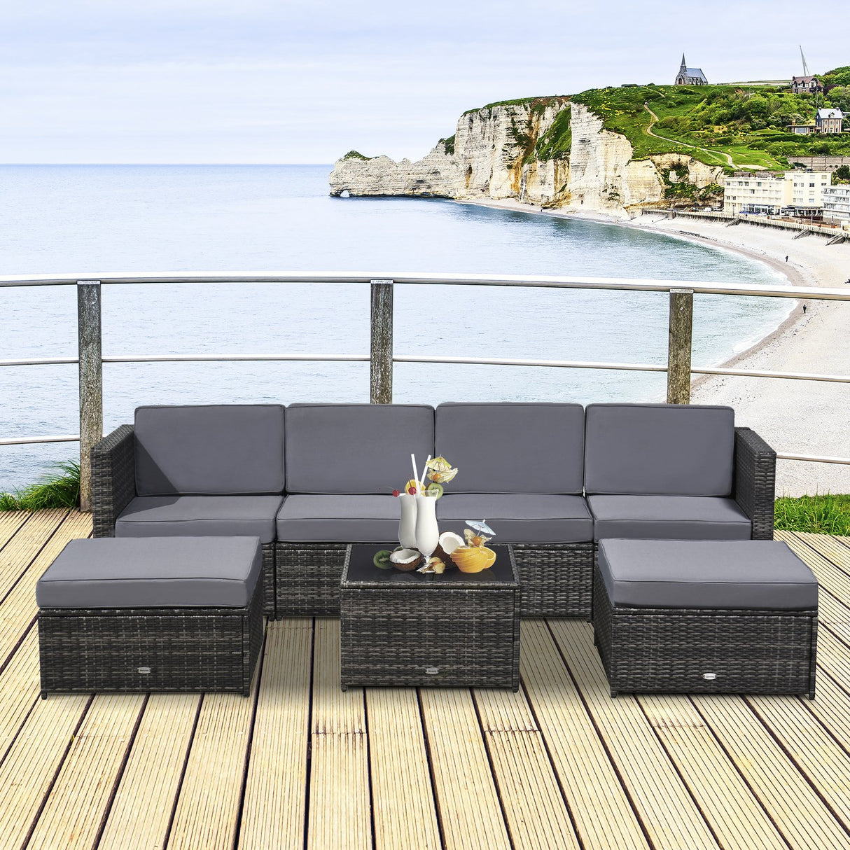 easycomfort set da 7 pezzi salotto da esterni in rattan con poltrona pouf tavolino grigio