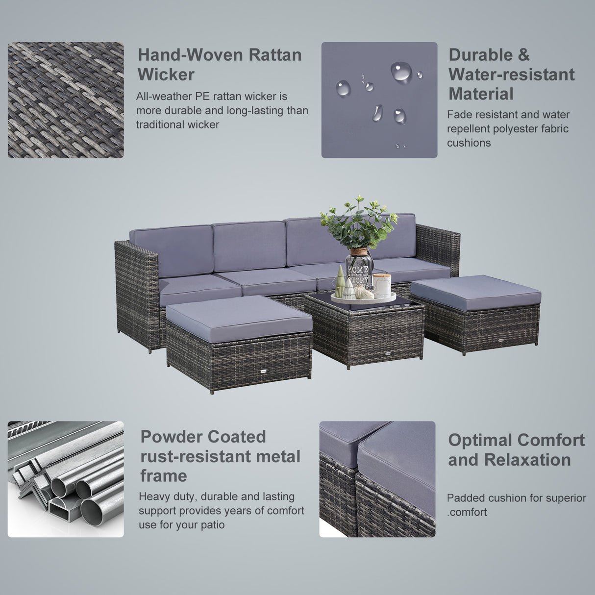 easycomfort set da 7 pezzi salotto da esterni in rattan con poltrona pouf tavolino grigio