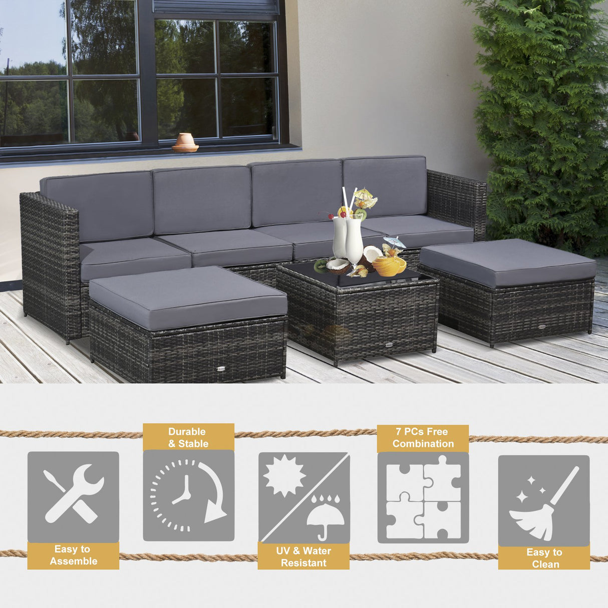 easycomfort set da 7 pezzi salotto da esterni in rattan con poltrona pouf tavolino grigio