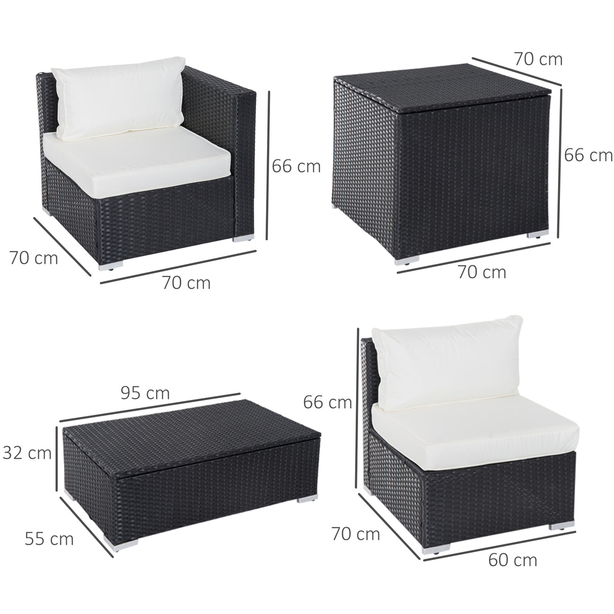 easycomfort set da giardino 6 pezzi 4 poltrone con cuscini e 2 tavolini contenitore in rattan pe nero e crema