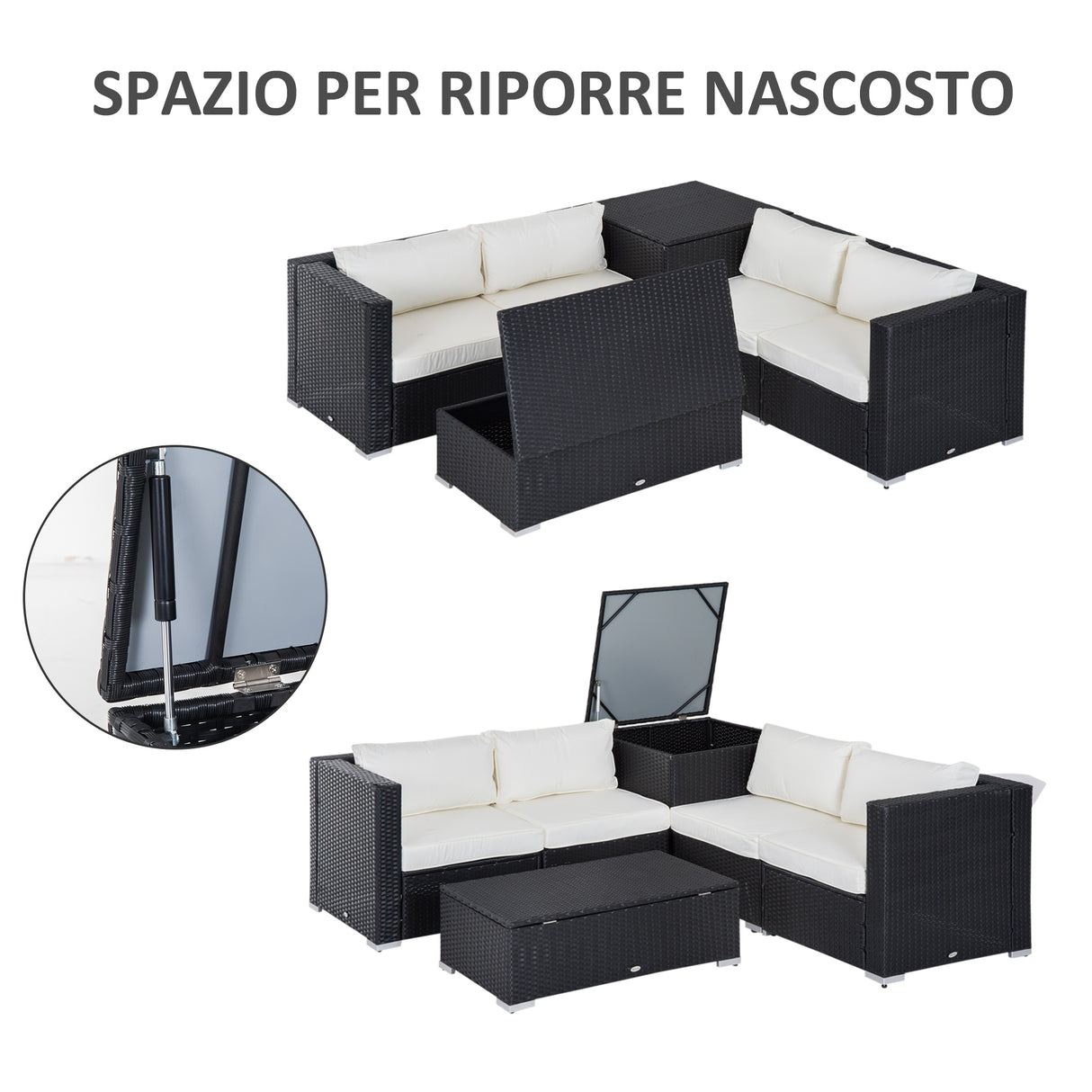 easycomfort set da giardino 6 pezzi 4 poltrone con cuscini e 2 tavolini contenitore in rattan pe nero e crema