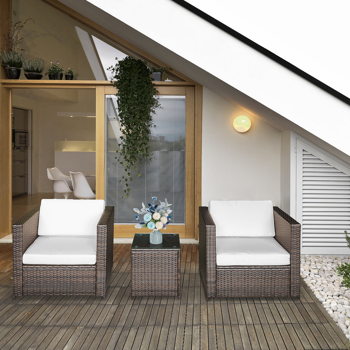 easycomfort easycomfort set mobili da giardino rattan pe da 3 pezzi 2 poltrone da esterno tavolino e cuscini marrone