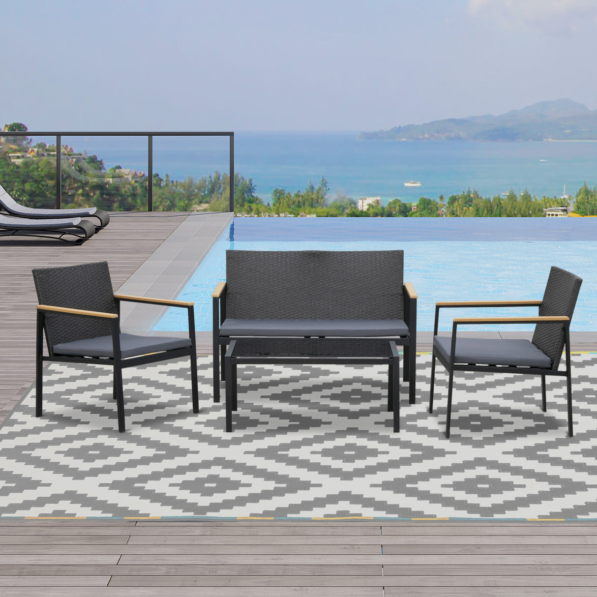 easycomfort easycomfort set 4 pezzi salotto da esterni con 2 sedie divano e tavolino mobili da giardino in rattan e acciaio nero