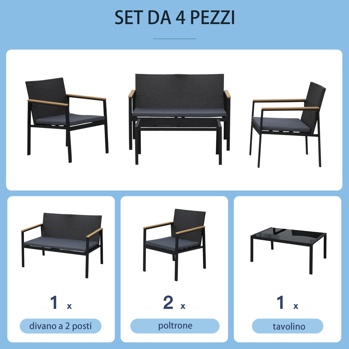 easycomfort easycomfort set 4 pezzi salotto da esterni con 2 sedie divano e tavolino mobili da giardino in rattan e acciaio nero