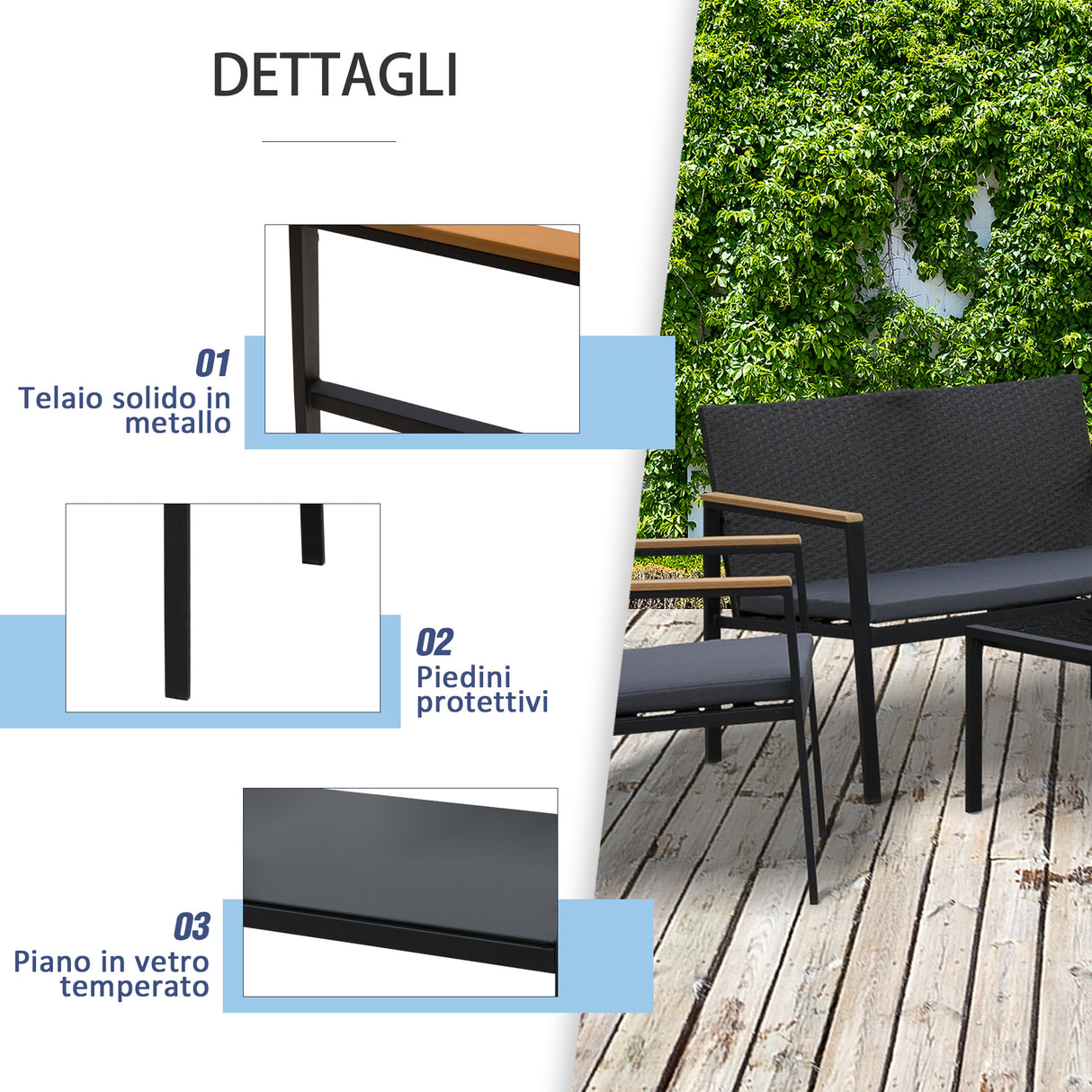 easycomfort easycomfort set 4 pezzi salotto da esterni con 2 sedie divano e tavolino mobili da giardino in rattan e acciaio nero
