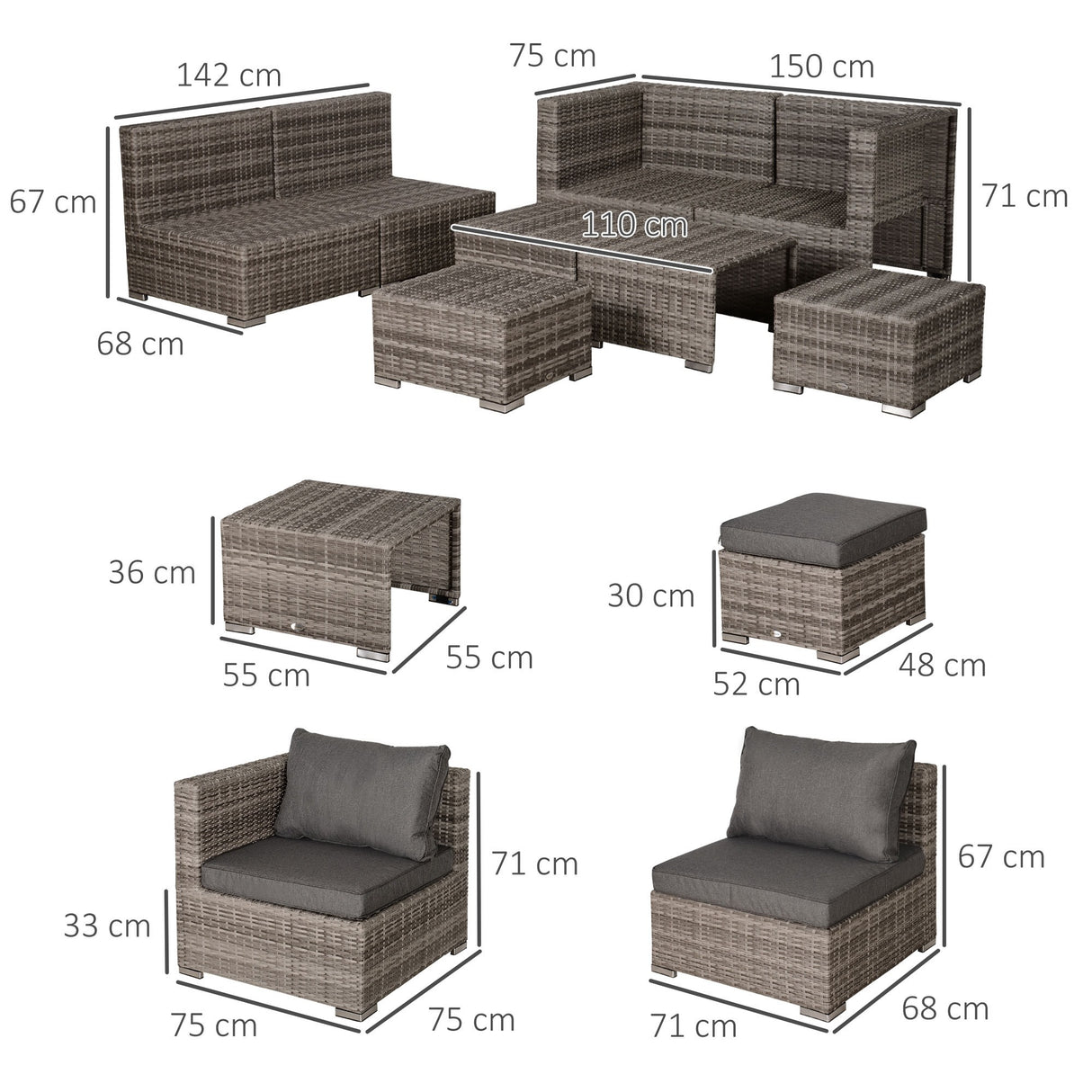 easycomfort easycomfort salotto da esterno in rattan pe da 8 pezzi set mobili da giardino salvaspazio con poltrone tavolini e sgabelli grigio