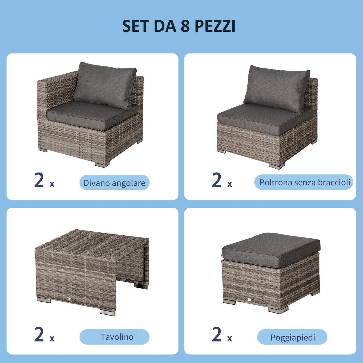 easycomfort easycomfort salotto da esterno in rattan pe da 8 pezzi set mobili da giardino salvaspazio con poltrone tavolini e sgabelli grigio