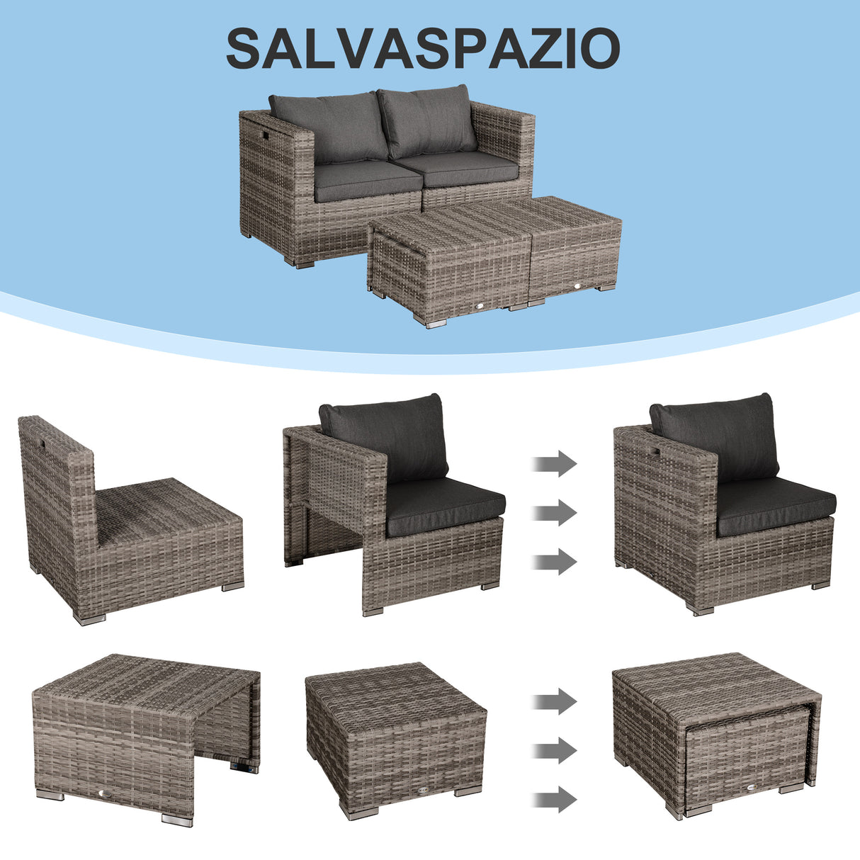 easycomfort easycomfort salotto da esterno in rattan pe da 8 pezzi set mobili da giardino salvaspazio con poltrone tavolini e sgabelli grigio