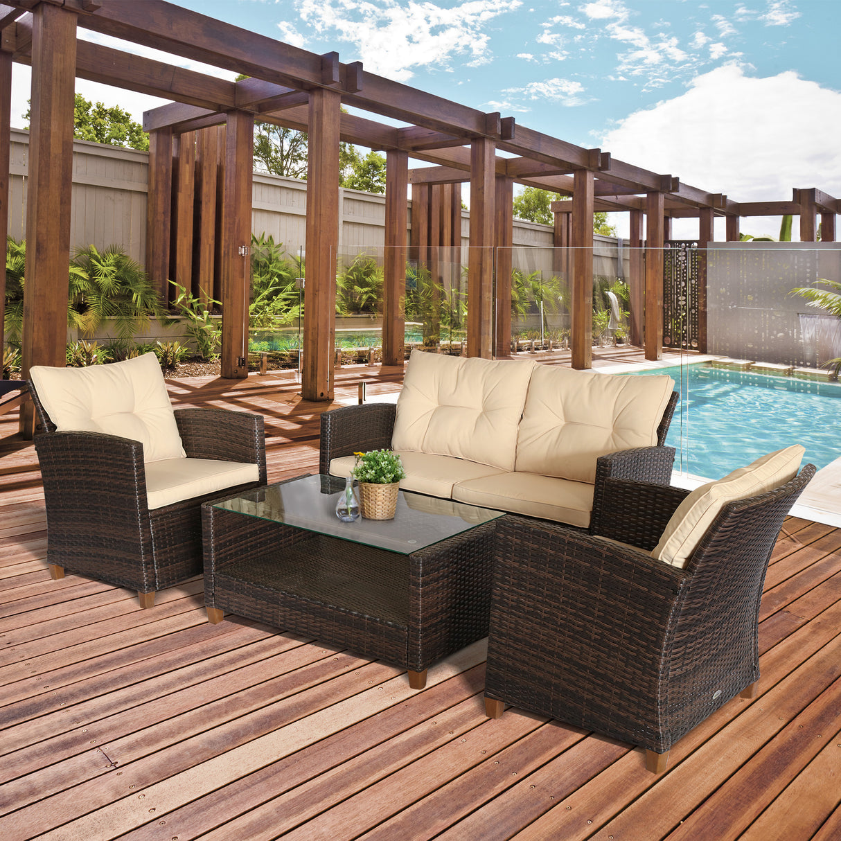 easycomfort set mobili da giardino 4 pezzi in rattan pe tavolino divano e poltrone marrone con cuscini beige